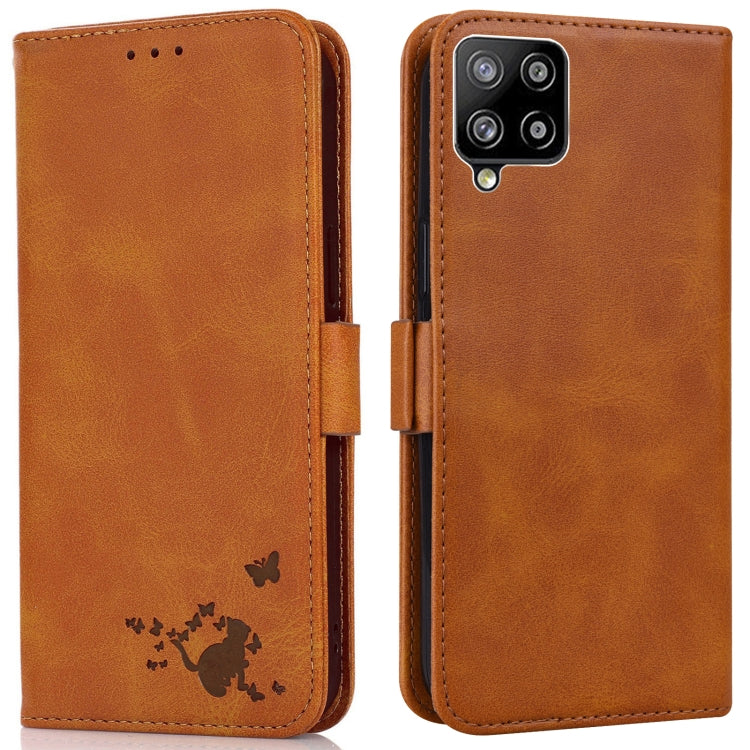 For Samsung Galaxy A42 5G Embossed Cat Butterflies Pattern Horizontal Flip Leather Case with Card Slot & Holder & Wallet