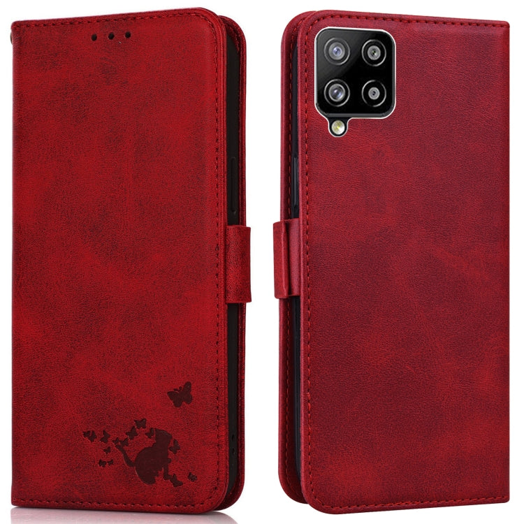 For Samsung Galaxy A42 5G Embossed Cat Butterflies Pattern Horizontal Flip Leather Case with Card Slot & Holder & Wallet