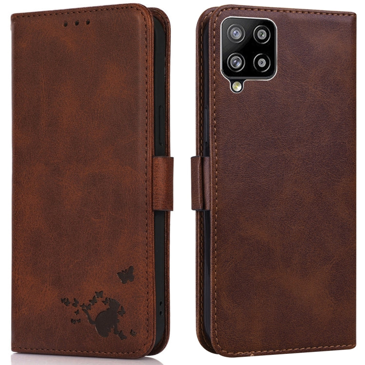 For Samsung Galaxy A42 5G Embossed Cat Butterflies Pattern Horizontal Flip Leather Case with Card Slot & Holder & Wallet