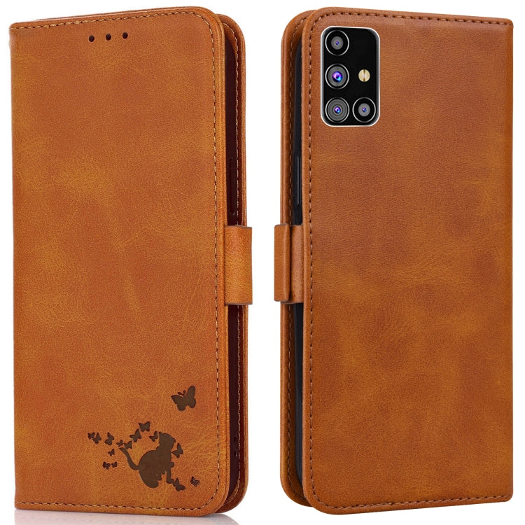 For Samsung Galaxy M31s Embossed Cat Butterflies Pattern Horizontal Flip Leather Case with Card Slot & Holder & Wallet