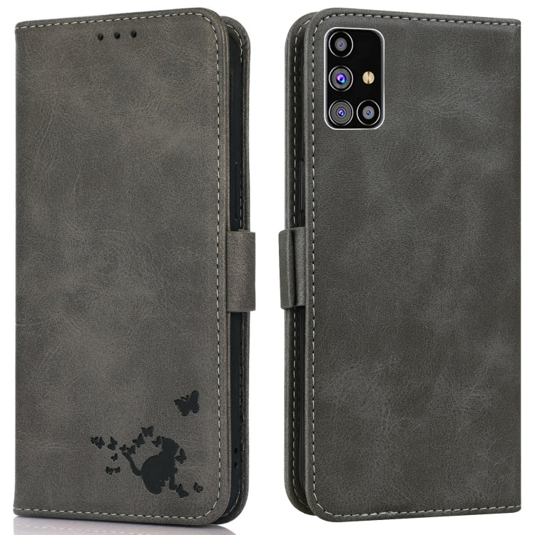 For Samsung Galaxy M31s Embossed Cat Butterflies Pattern Horizontal Flip Leather Case with Card Slot & Holder & Wallet
