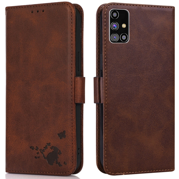 For Samsung Galaxy M31s Embossed Cat Butterflies Pattern Horizontal Flip Leather Case with Card Slot & Holder & Wallet