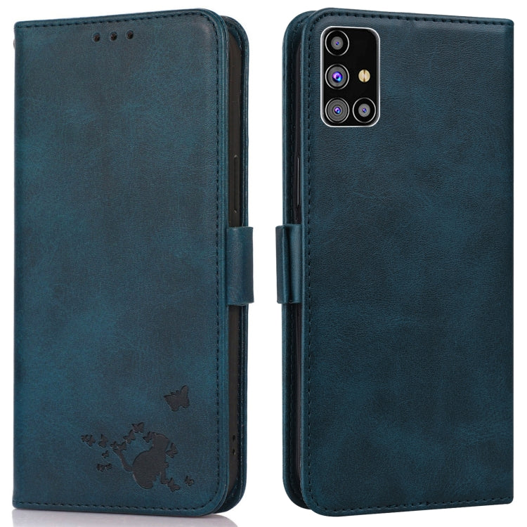 For Samsung Galaxy M31s Embossed Cat Butterflies Pattern Horizontal Flip Leather Case with Card Slot & Holder & Wallet