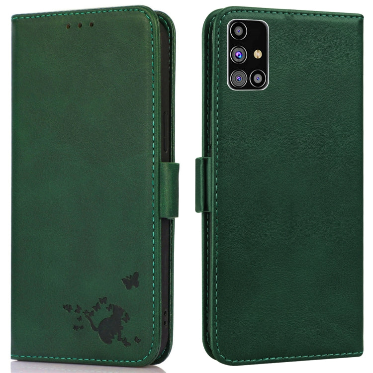 For Samsung Galaxy M31s Embossed Cat Butterflies Pattern Horizontal Flip Leather Case with Card Slot & Holder & Wallet