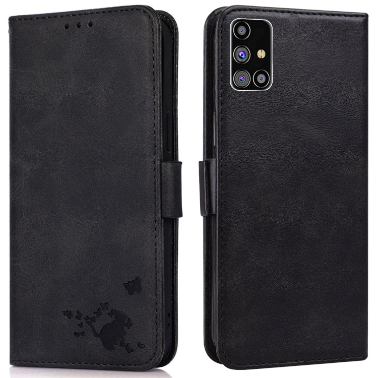 For Samsung Galaxy M31s Embossed Cat Butterflies Pattern Horizontal Flip Leather Case with Card Slot & Holder & Wallet
