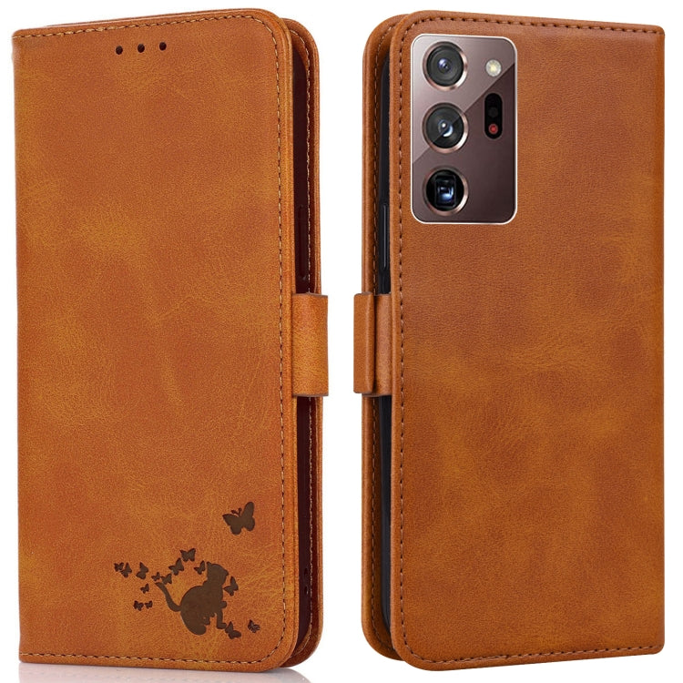 For Samsung Galaxy Note20 Ultra 5G/4G Embossed Cat Butterflies Pattern Horizontal Flip Leather Case with Card Slot & Holder & Wallet