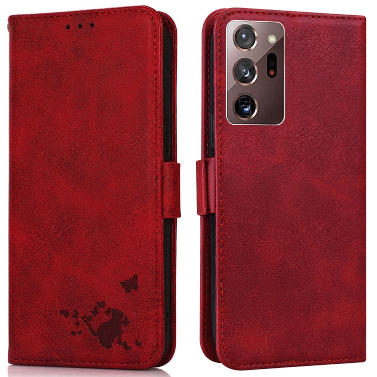 For Samsung Galaxy Note20 Ultra 5G/4G Embossed Cat Butterflies Pattern Horizontal Flip Leather Case with Card Slot & Holder & Wallet