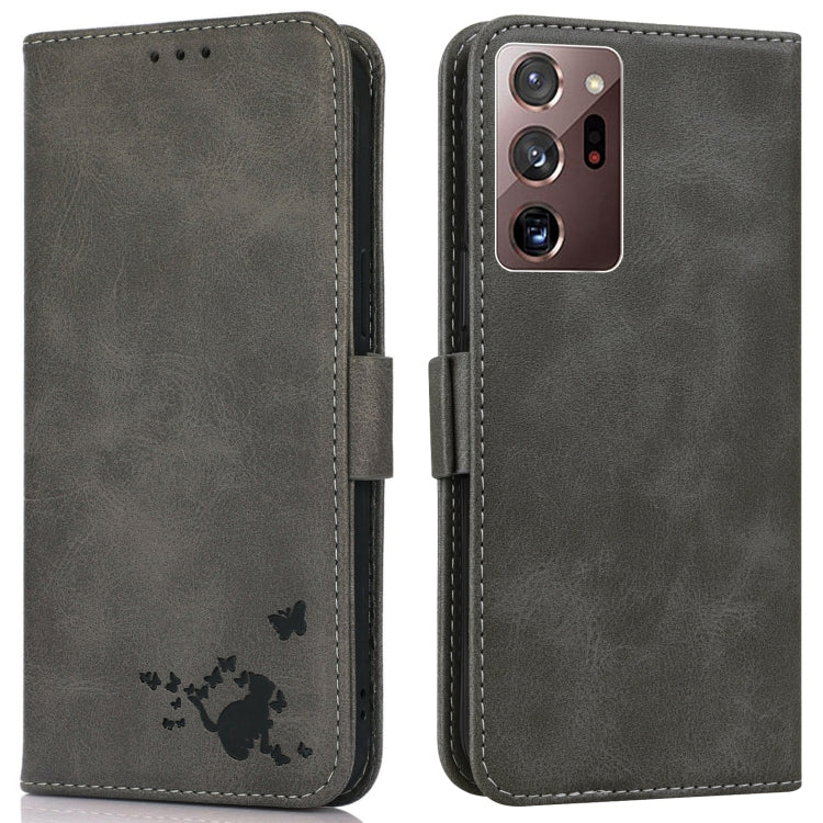 For Samsung Galaxy Note20 Ultra 5G/4G Embossed Cat Butterflies Pattern Horizontal Flip Leather Case with Card Slot & Holder & Wallet