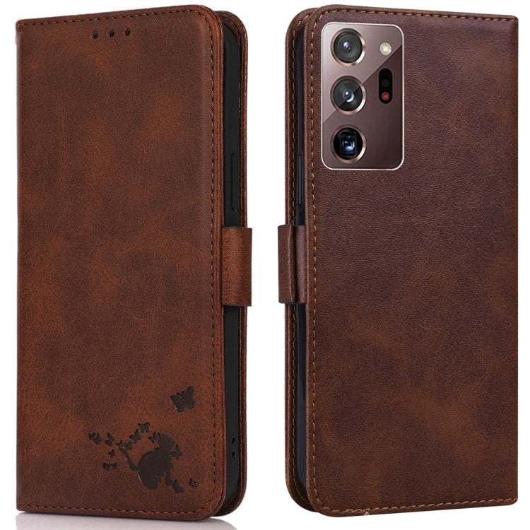 For Samsung Galaxy Note20 Ultra 5G/4G Embossed Cat Butterflies Pattern Horizontal Flip Leather Case with Card Slot & Holder & Wallet