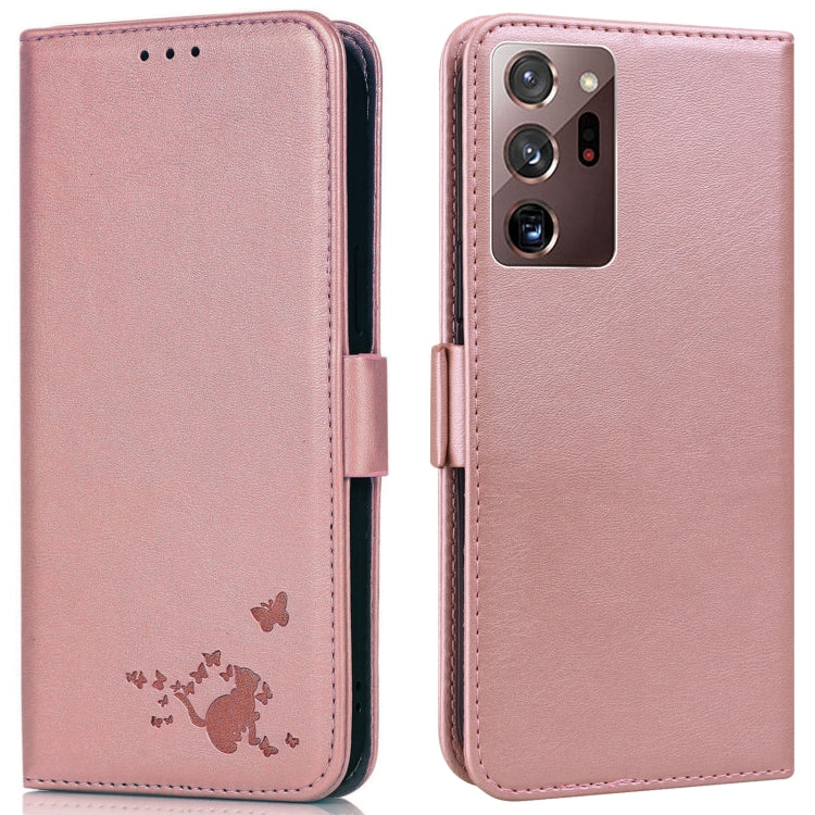 For Samsung Galaxy Note20 Ultra 5G/4G Embossed Cat Butterflies Pattern Horizontal Flip Leather Case with Card Slot & Holder & Wallet