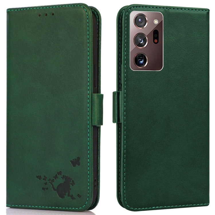 For Samsung Galaxy Note20 Ultra 5G/4G Embossed Cat Butterflies Pattern Horizontal Flip Leather Case with Card Slot & Holder & Wallet