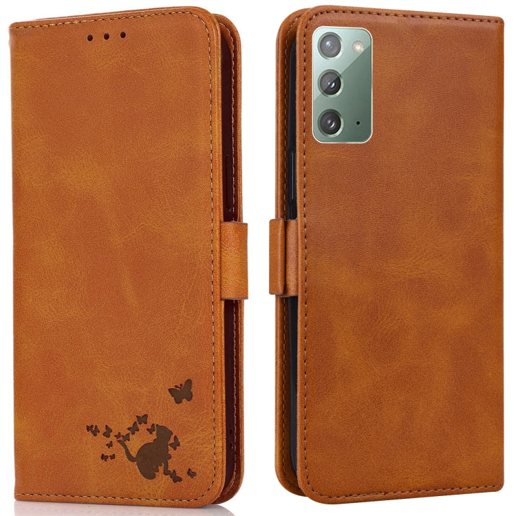 For Samsung Galaxy Note20 5G / 4G Embossed Cat Butterflies Pattern Horizontal Flip Leather Case with Card Slot & Holder & Wallet