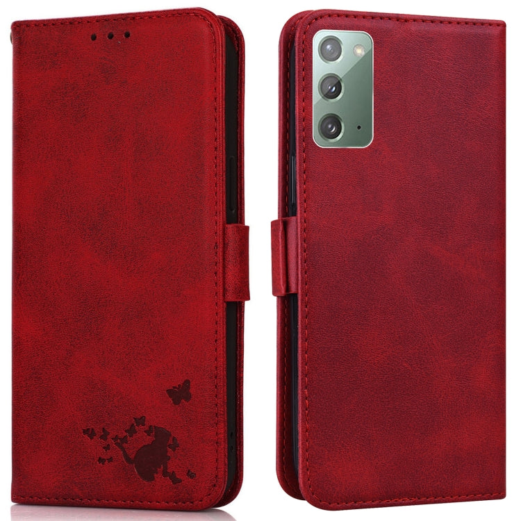 For Samsung Galaxy Note20 5G / 4G Embossed Cat Butterflies Pattern Horizontal Flip Leather Case with Card Slot & Holder & Wallet
