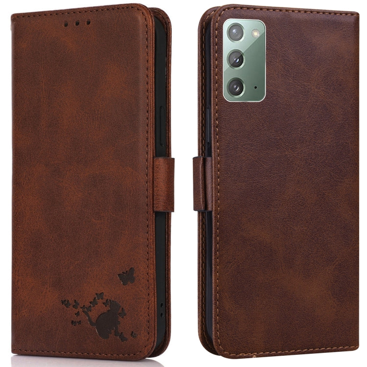 For Samsung Galaxy Note20 5G / 4G Embossed Cat Butterflies Pattern Horizontal Flip Leather Case with Card Slot & Holder & Wallet
