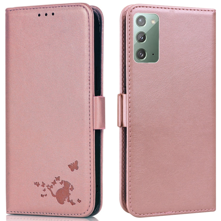 For Samsung Galaxy Note20 5G / 4G Embossed Cat Butterflies Pattern Horizontal Flip Leather Case with Card Slot & Holder & Wallet