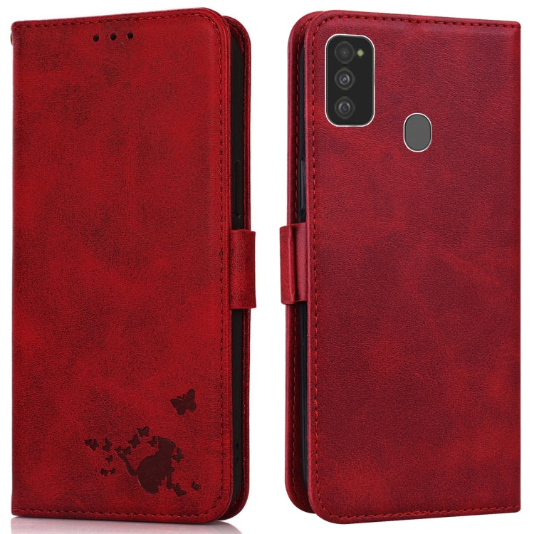 For Samsung Galaxy M21 / M30s Embossed Cat Butterflies Pattern Horizontal Flip Leather Case with Card Slot & Holder & Wallet