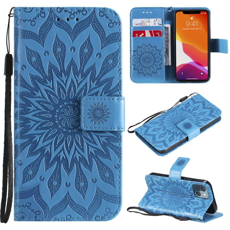For iPhone 13 mini Pressed Printing Sunflower Pattern Horizontal Flip PU Leather Case Holder & Card Slots & Wallet & Lanyard