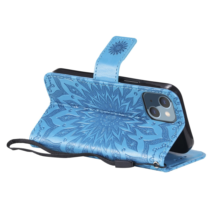 For iPhone 13 mini Pressed Printing Sunflower Pattern Horizontal Flip PU Leather Case Holder & Card Slots & Wallet & Lanyard