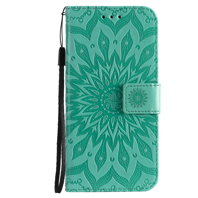 For iPhone 13 mini Pressed Printing Sunflower Pattern Horizontal Flip PU Leather Case Holder & Card Slots & Wallet & Lanyard