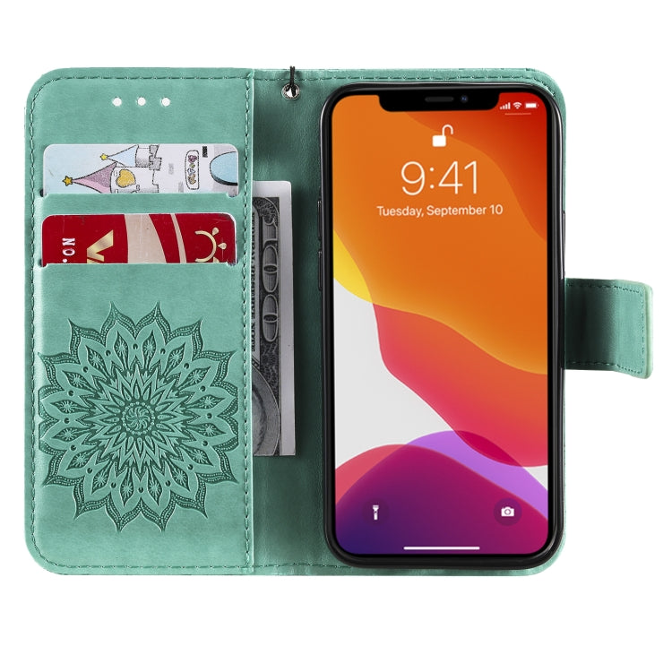 For iPhone 13 mini Pressed Printing Sunflower Pattern Horizontal Flip PU Leather Case Holder & Card Slots & Wallet & Lanyard