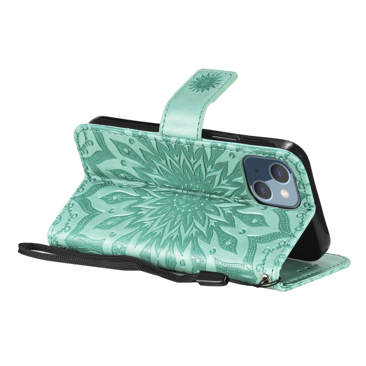 For iPhone 13 mini Pressed Printing Sunflower Pattern Horizontal Flip PU Leather Case Holder & Card Slots & Wallet & Lanyard