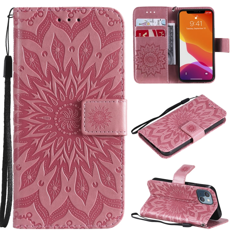 For iPhone 13 mini Pressed Printing Sunflower Pattern Horizontal Flip PU Leather Case Holder & Card Slots & Wallet & Lanyard