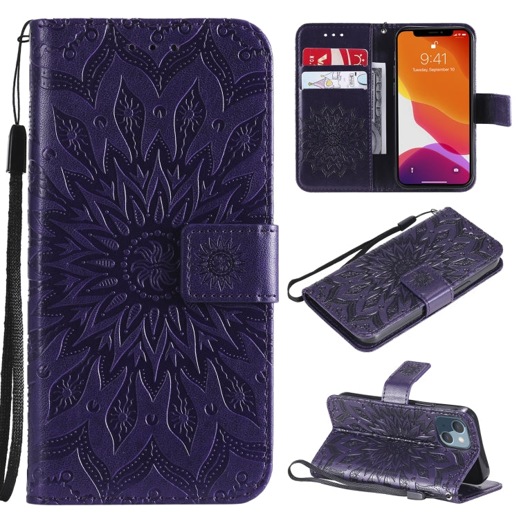 For iPhone 13 mini Pressed Printing Sunflower Pattern Horizontal Flip PU Leather Case Holder & Card Slots & Wallet & Lanyard