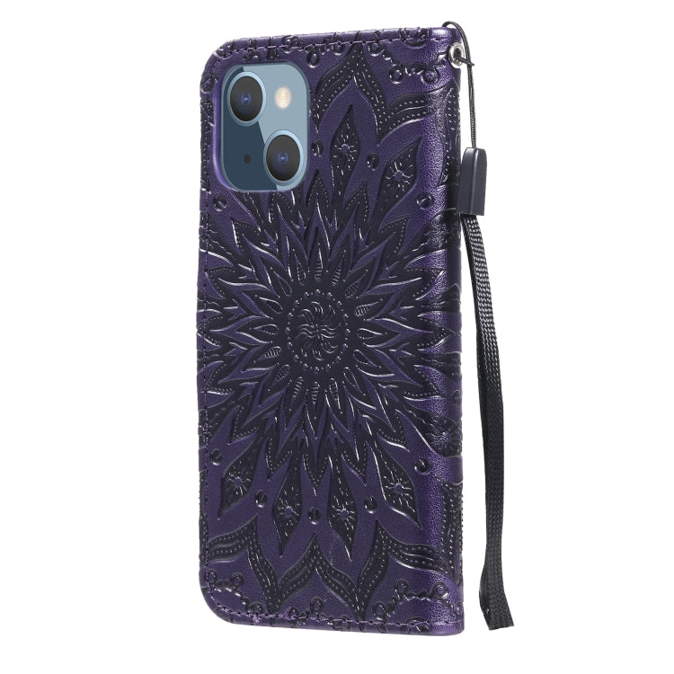 For iPhone 13 mini Pressed Printing Sunflower Pattern Horizontal Flip PU Leather Case Holder & Card Slots & Wallet & Lanyard