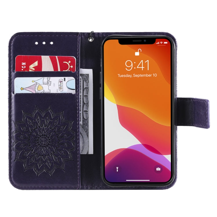 For iPhone 13 mini Pressed Printing Sunflower Pattern Horizontal Flip PU Leather Case Holder & Card Slots & Wallet & Lanyard