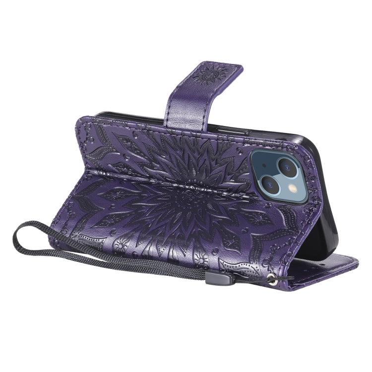 For iPhone 13 mini Pressed Printing Sunflower Pattern Horizontal Flip PU Leather Case Holder & Card Slots & Wallet & Lanyard