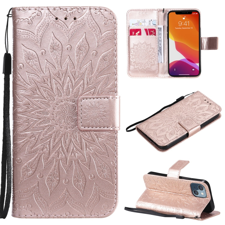 For iPhone 13 mini Pressed Printing Sunflower Pattern Horizontal Flip PU Leather Case Holder & Card Slots & Wallet & Lanyard