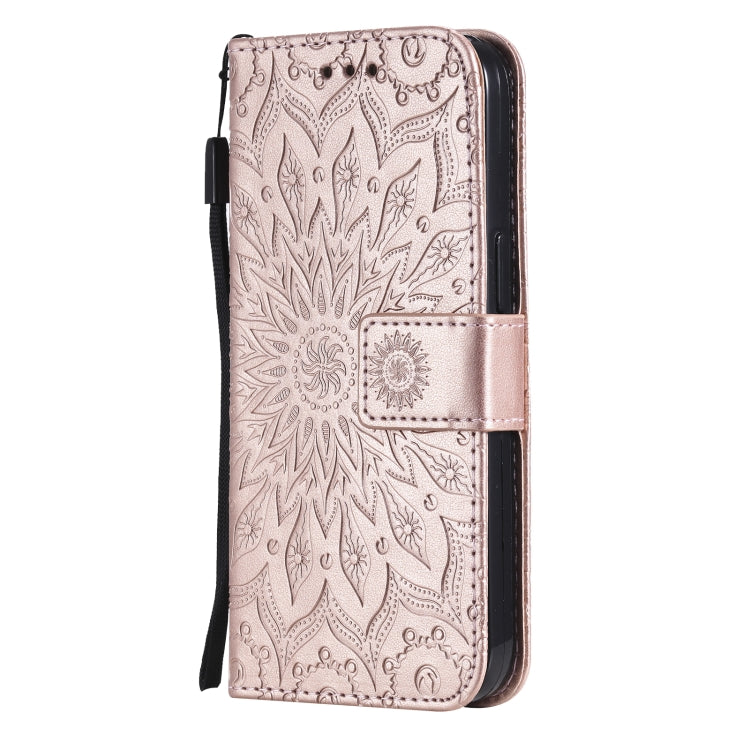 For iPhone 13 mini Pressed Printing Sunflower Pattern Horizontal Flip PU Leather Case Holder & Card Slots & Wallet & Lanyard