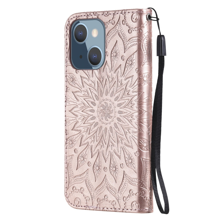 For iPhone 13 mini Pressed Printing Sunflower Pattern Horizontal Flip PU Leather Case Holder & Card Slots & Wallet & Lanyard