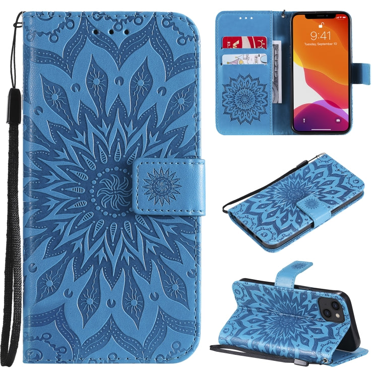 For iPhone 13 Pressed Printing Sunflower Pattern Horizontal Flip PU Leather Case Holder & Card Slots & Wallet & Lanyard