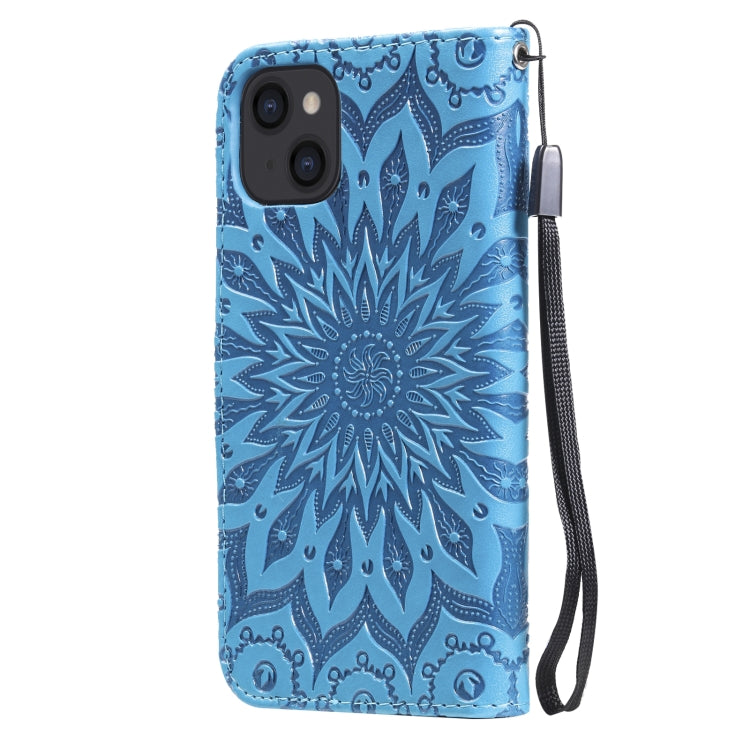 For iPhone 13 Pressed Printing Sunflower Pattern Horizontal Flip PU Leather Case Holder & Card Slots & Wallet & Lanyard