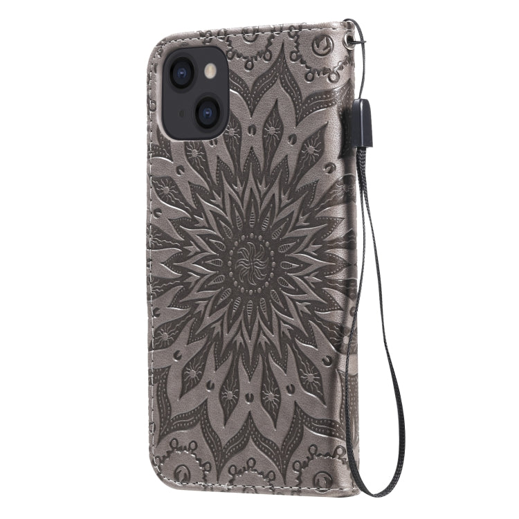 For iPhone 13 Pressed Printing Sunflower Pattern Horizontal Flip PU Leather Case Holder & Card Slots & Wallet & Lanyard