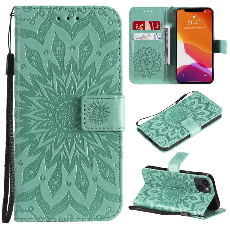 For iPhone 13 Pressed Printing Sunflower Pattern Horizontal Flip PU Leather Case Holder & Card Slots & Wallet & Lanyard