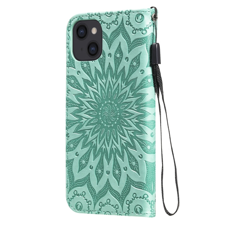 For iPhone 13 Pressed Printing Sunflower Pattern Horizontal Flip PU Leather Case Holder & Card Slots & Wallet & Lanyard