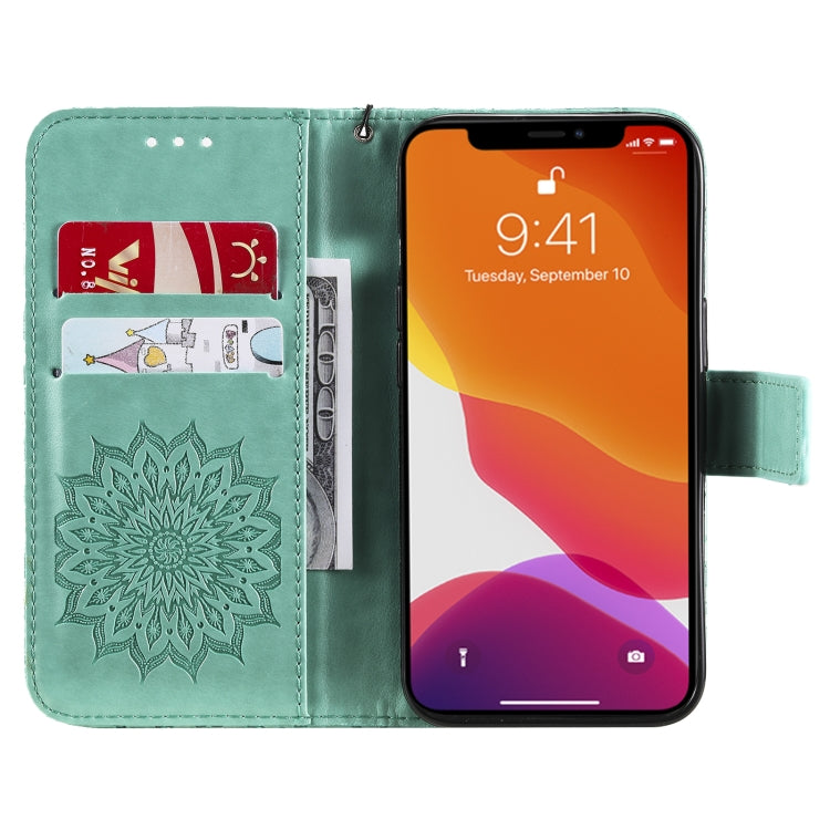 For iPhone 13 Pressed Printing Sunflower Pattern Horizontal Flip PU Leather Case Holder & Card Slots & Wallet & Lanyard