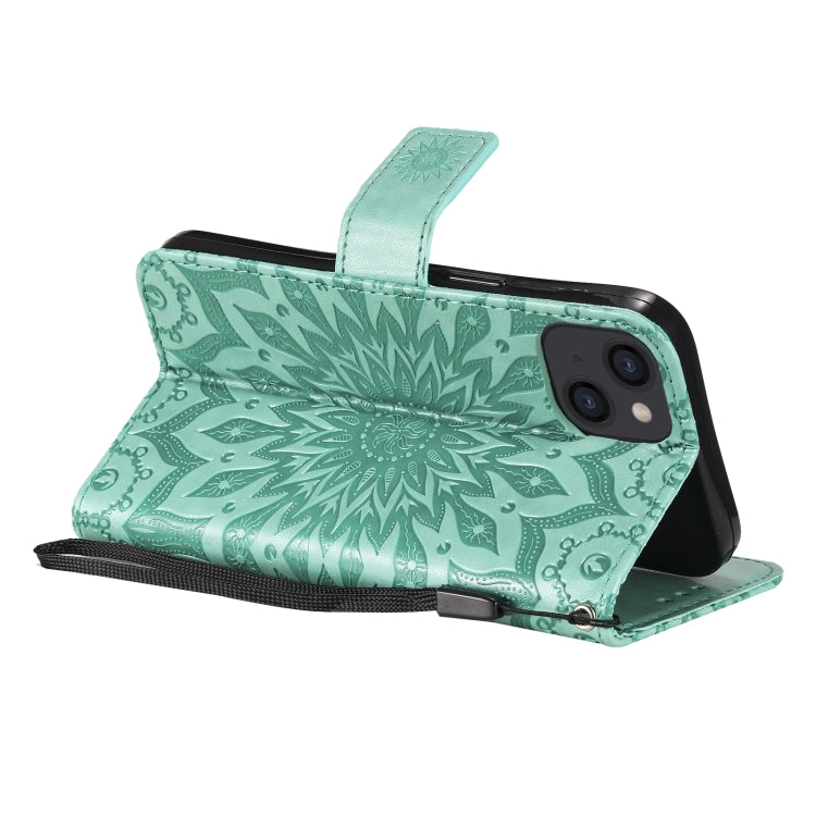 For iPhone 13 Pressed Printing Sunflower Pattern Horizontal Flip PU Leather Case Holder & Card Slots & Wallet & Lanyard
