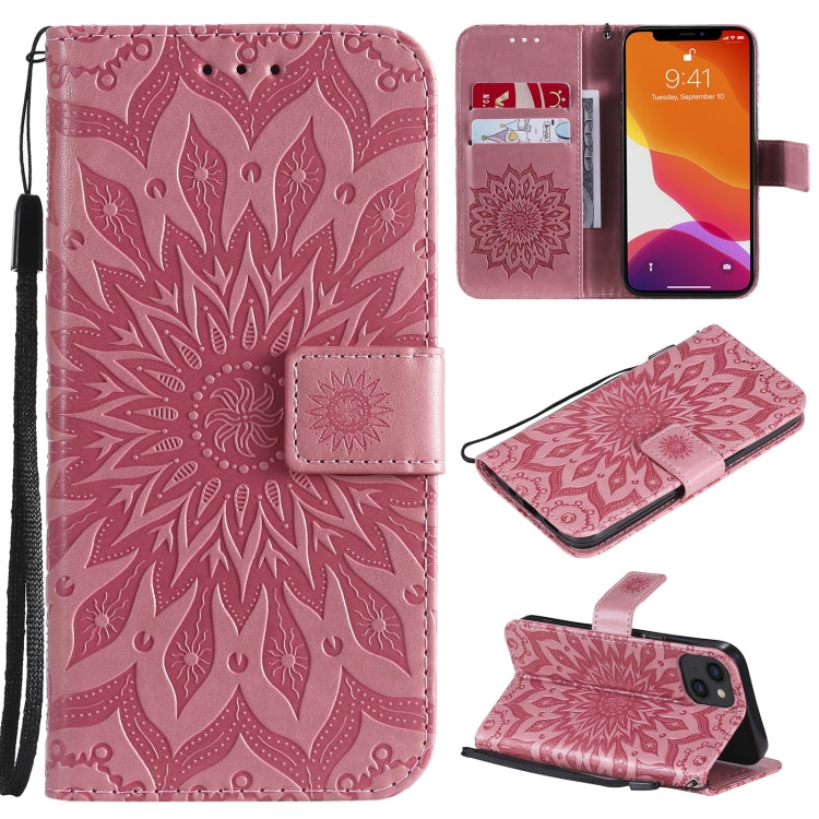 For iPhone 13 Pressed Printing Sunflower Pattern Horizontal Flip PU Leather Case Holder & Card Slots & Wallet & Lanyard