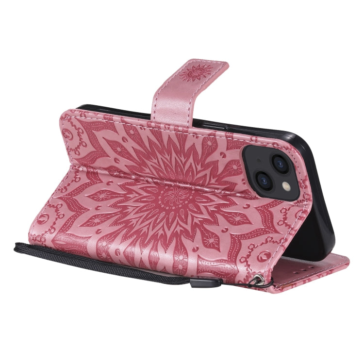 For iPhone 13 Pressed Printing Sunflower Pattern Horizontal Flip PU Leather Case Holder & Card Slots & Wallet & Lanyard