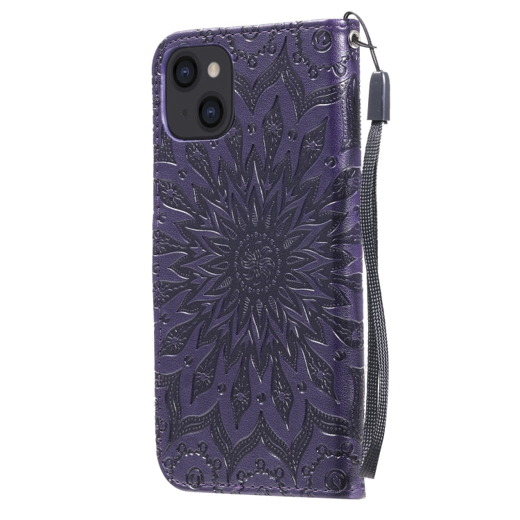 For iPhone 13 Pressed Printing Sunflower Pattern Horizontal Flip PU Leather Case Holder & Card Slots & Wallet & Lanyard