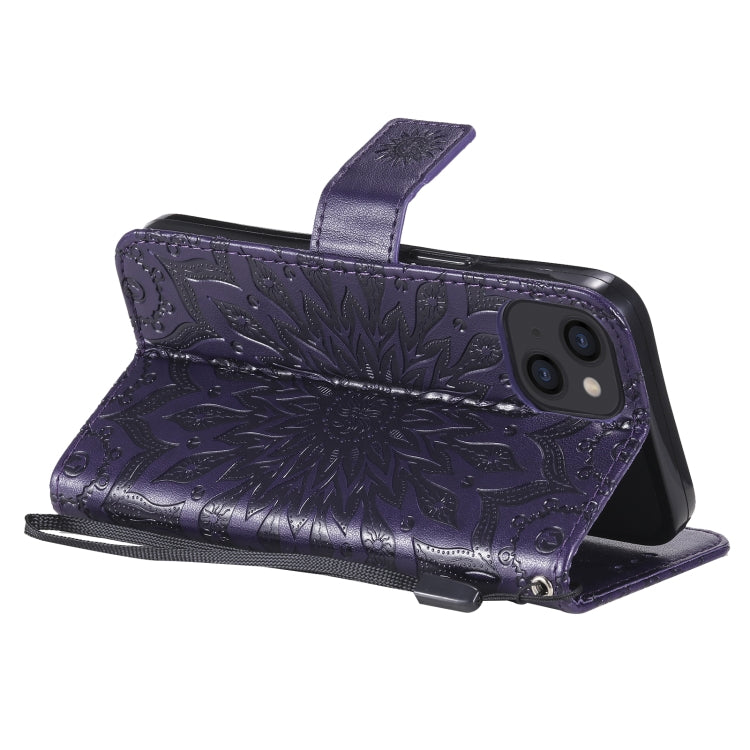 For iPhone 13 Pressed Printing Sunflower Pattern Horizontal Flip PU Leather Case Holder & Card Slots & Wallet & Lanyard