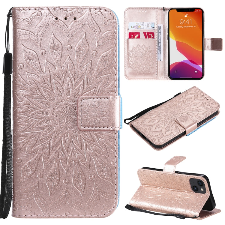 For iPhone 13 Pressed Printing Sunflower Pattern Horizontal Flip PU Leather Case Holder & Card Slots & Wallet & Lanyard