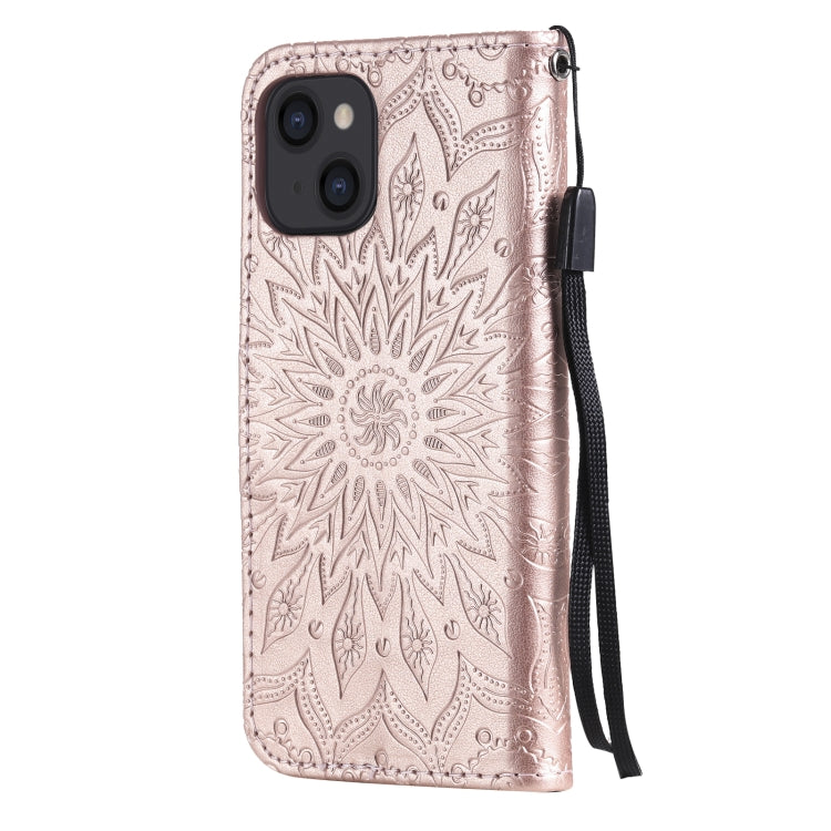 For iPhone 13 Pressed Printing Sunflower Pattern Horizontal Flip PU Leather Case Holder & Card Slots & Wallet & Lanyard
