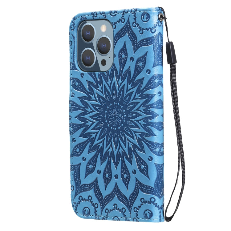 For iPhone 13 Pro Pressed Printing Sunflower Pattern Horizontal Flip PU Leather Case Holder & Card Slots & Wallet & Lanyard
