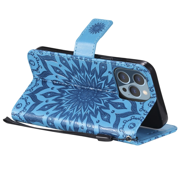 For iPhone 13 Pro Pressed Printing Sunflower Pattern Horizontal Flip PU Leather Case Holder & Card Slots & Wallet & Lanyard