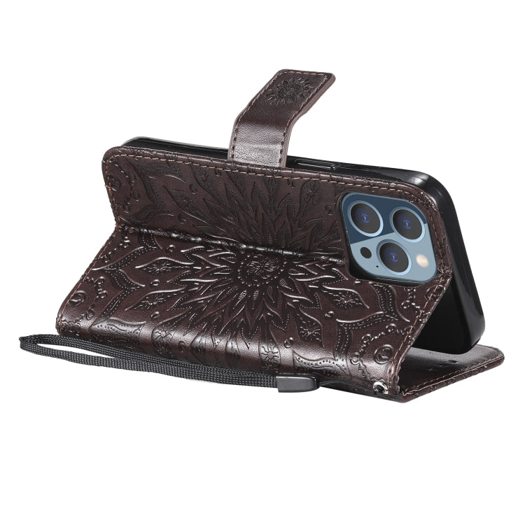 For iPhone 13 Pro Pressed Printing Sunflower Pattern Horizontal Flip PU Leather Case Holder & Card Slots & Wallet & Lanyard