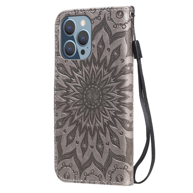 For iPhone 13 Pro Pressed Printing Sunflower Pattern Horizontal Flip PU Leather Case Holder & Card Slots & Wallet & Lanyard